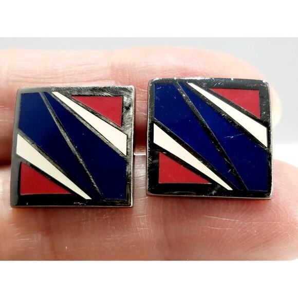 Vintage Designer Cuff Links, Joseph Abboud, Red White Blue Enamel, 1990s, 3/4 In - Picture 10 of 10